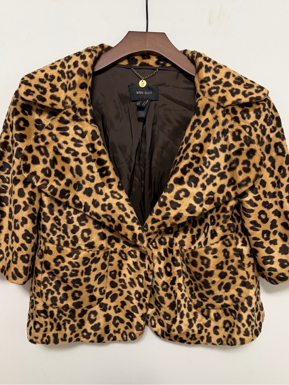 MNG Suit Leopard Print Cropped Faux Fur Jacket Size 6